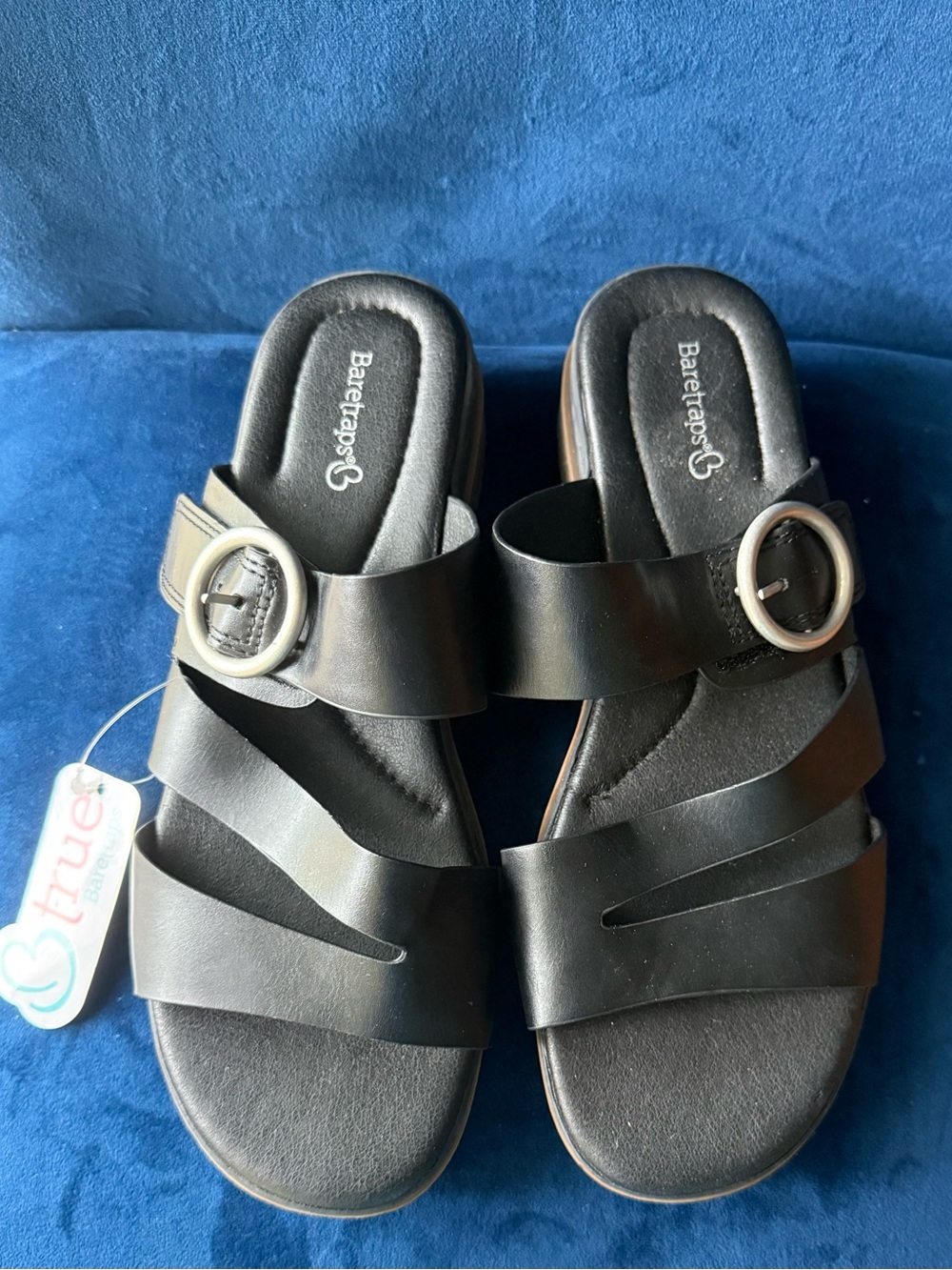 BareTraps Black Leather Slide Sandals with Decorative Buckles